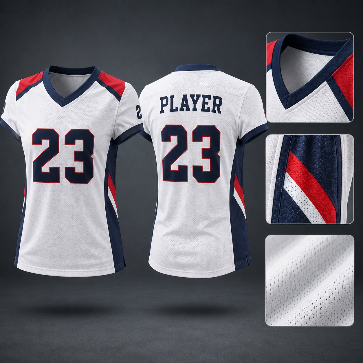 American football jersey design example with player name, custom number and contrasting shoulder panels