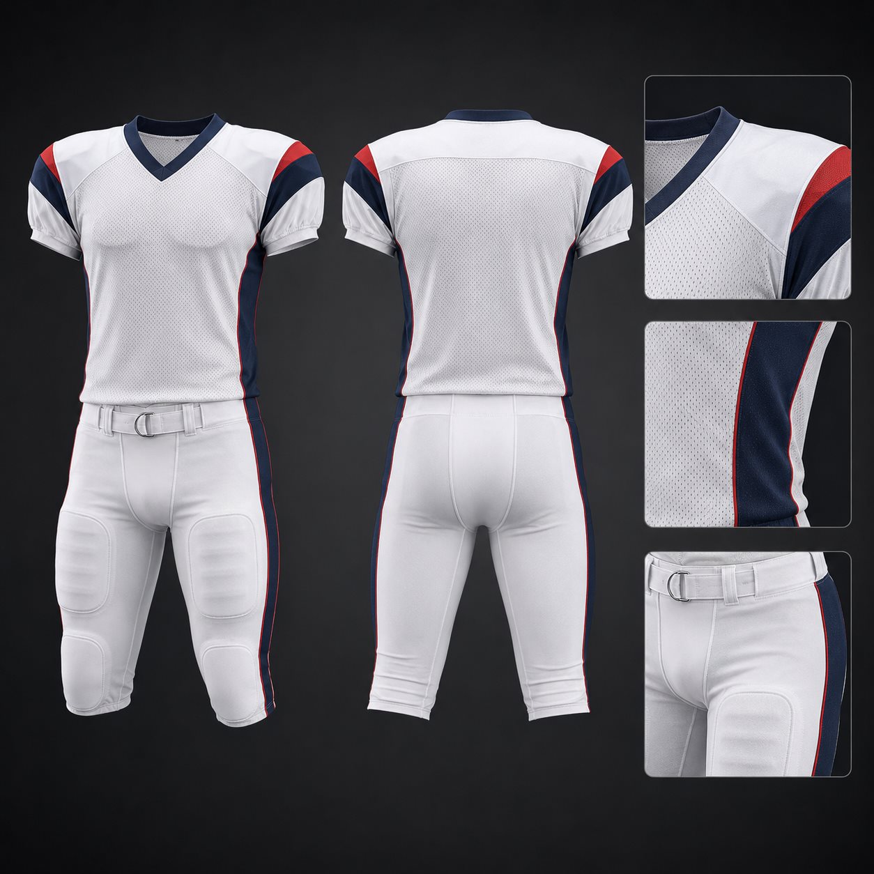 American football practice uniform design reference with a coordinated white jersey and pants