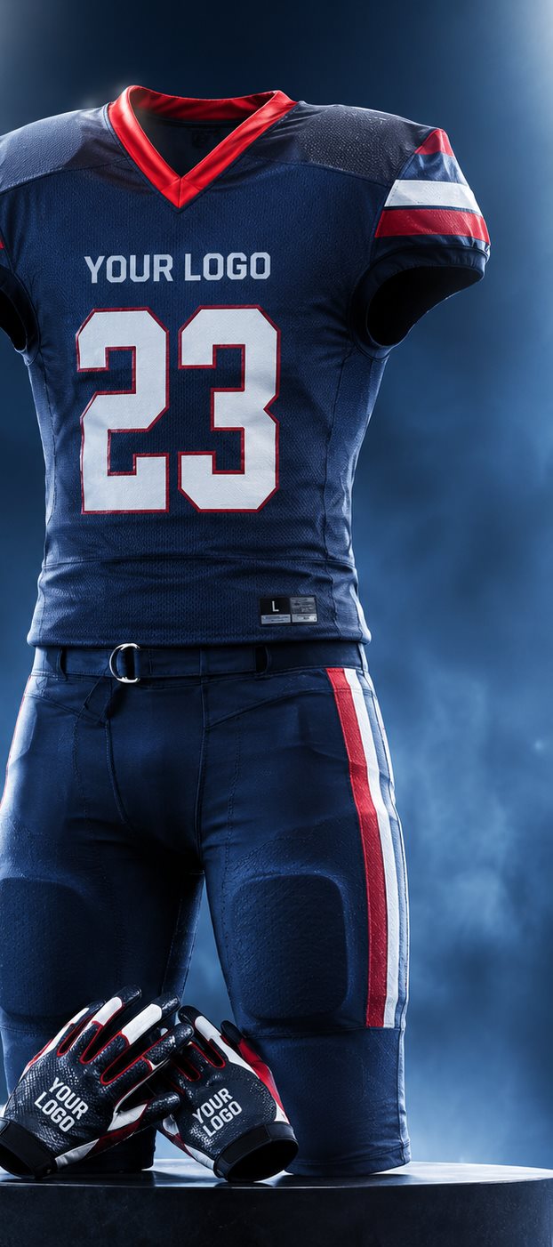 Illustrative custom football jersey, pants and gloves showing YOUR LOGO placement